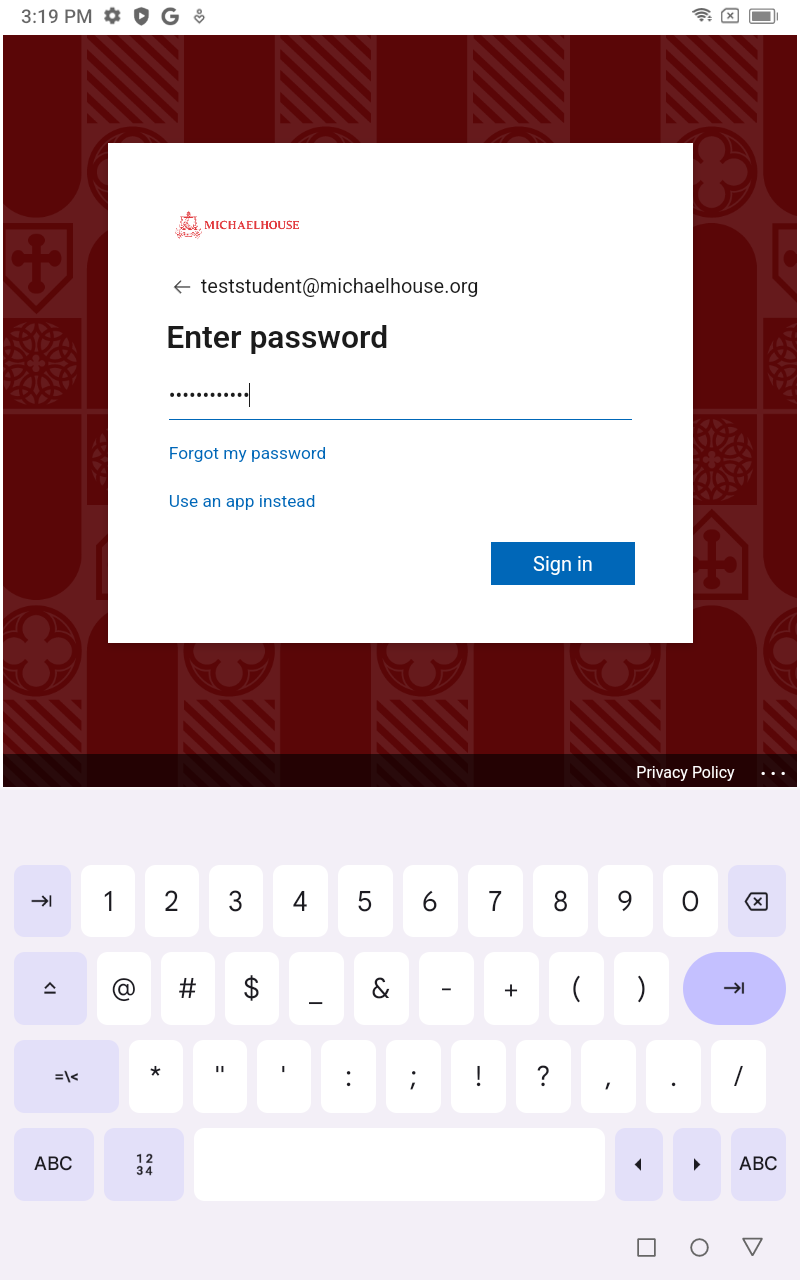 Michaelhouse-branded password screen