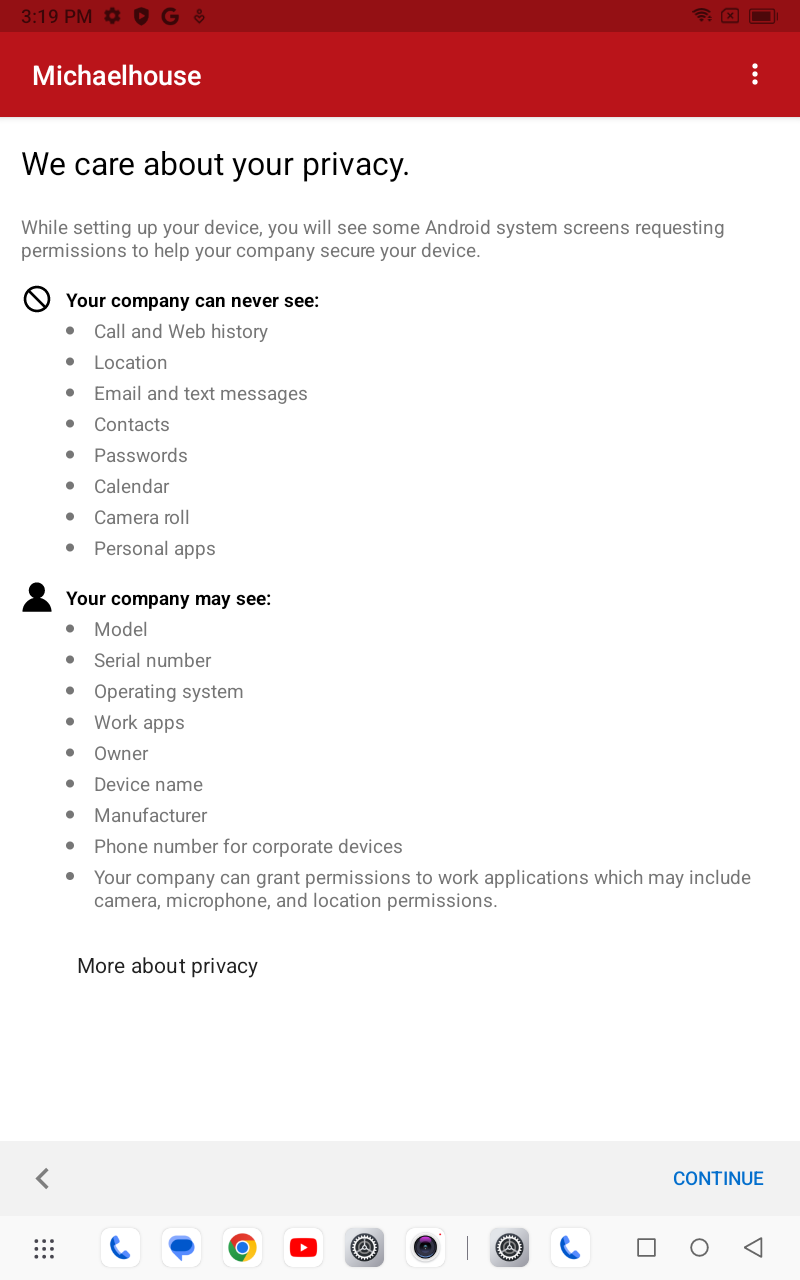 Privacy screen listing what the school can and cannot see