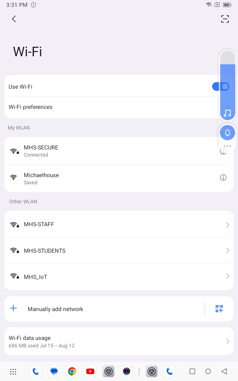 Wi-Fi list showing MHS-SECURE connected