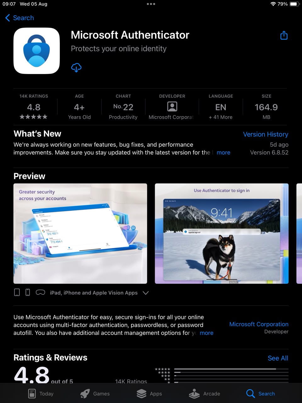 App Store page for Microsoft Authenticator