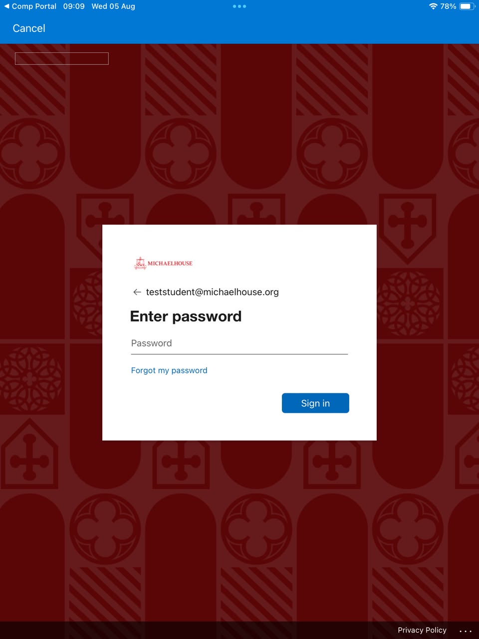 Michaelhouse password screen