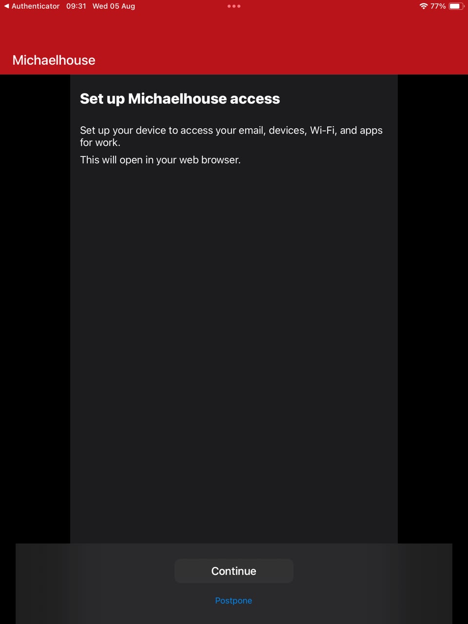 Set up Michaelhouse access — tap Continue