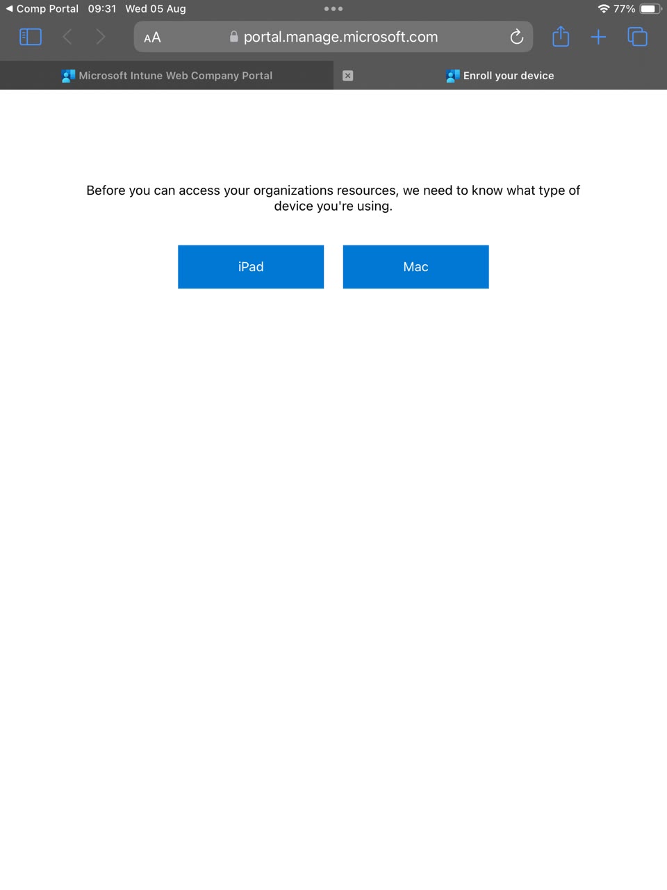 Safari asking what type of device — tap iPad