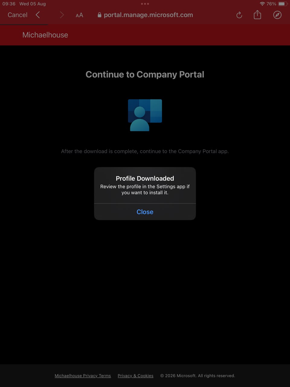 Profile Downloaded — tap Close