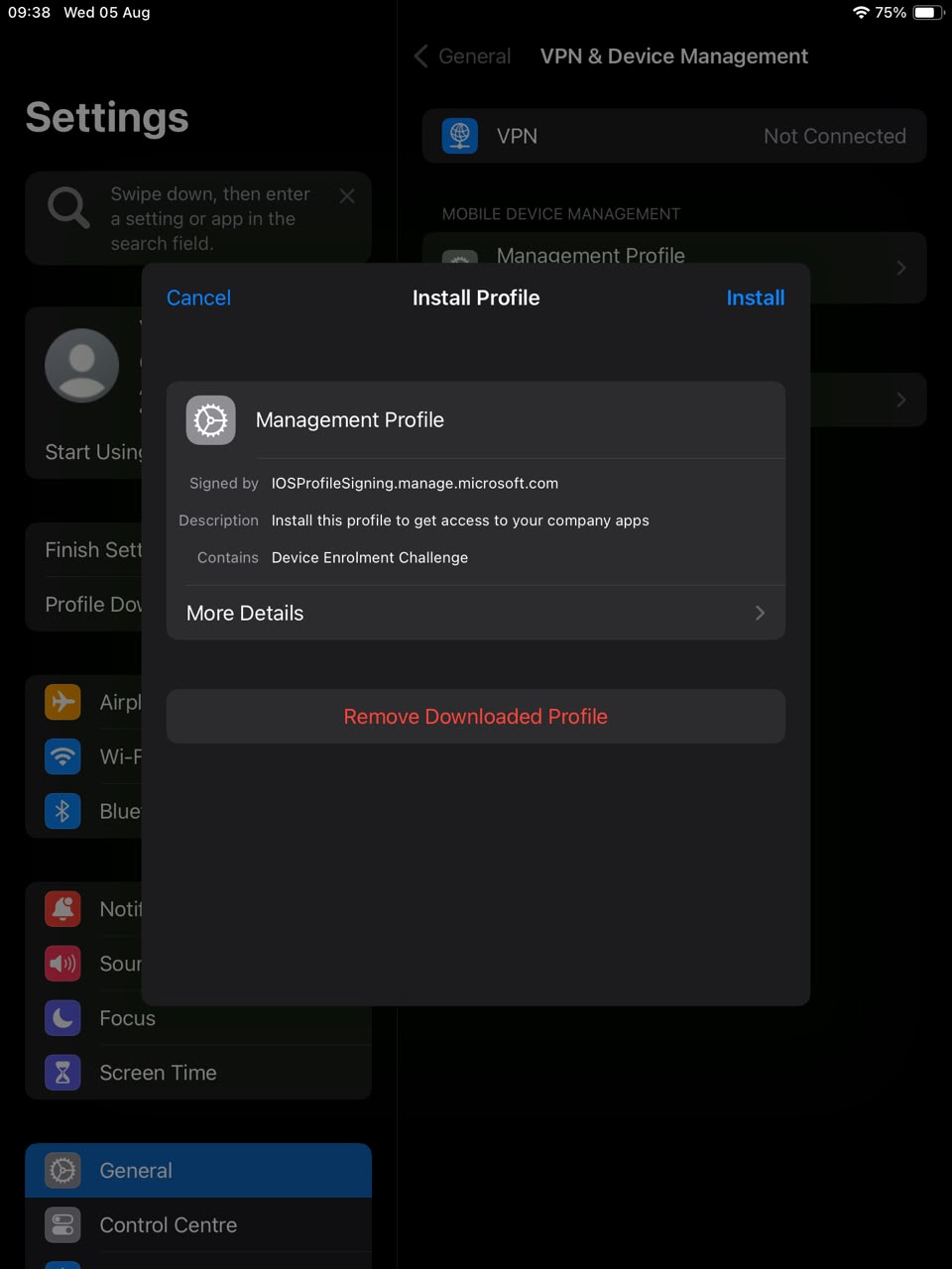 Install Profile sheet — tap Install