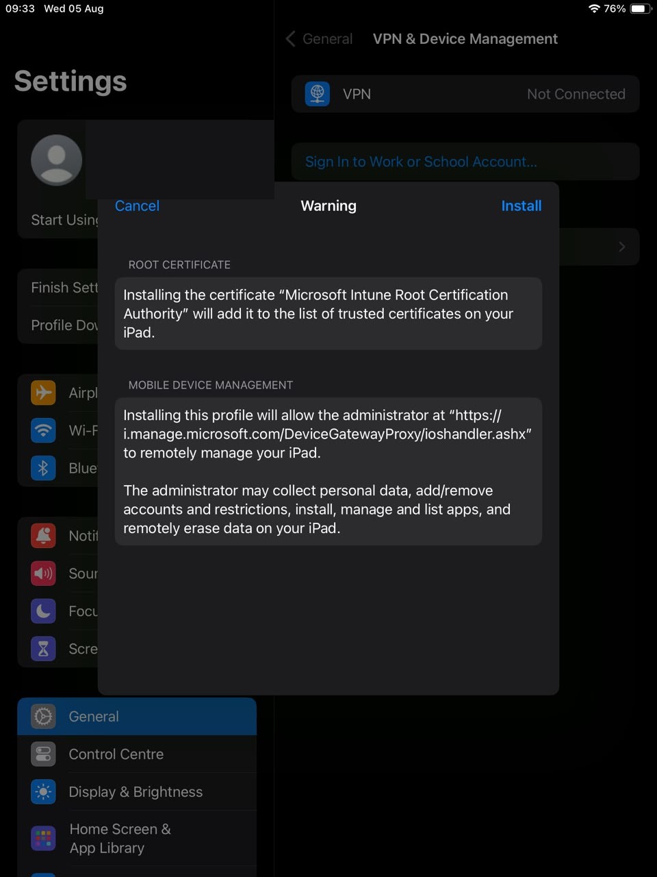 Warning screen — tap Install again
