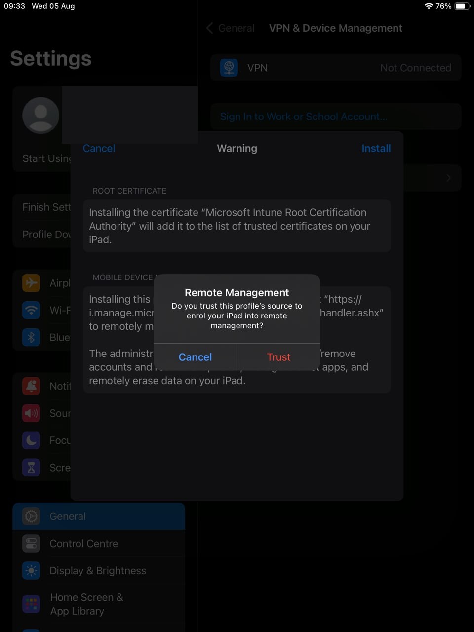Remote Management — tap Trust