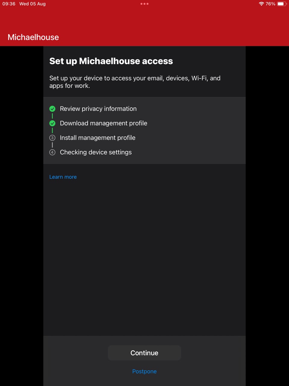 Set up Michaelhouse access checklist