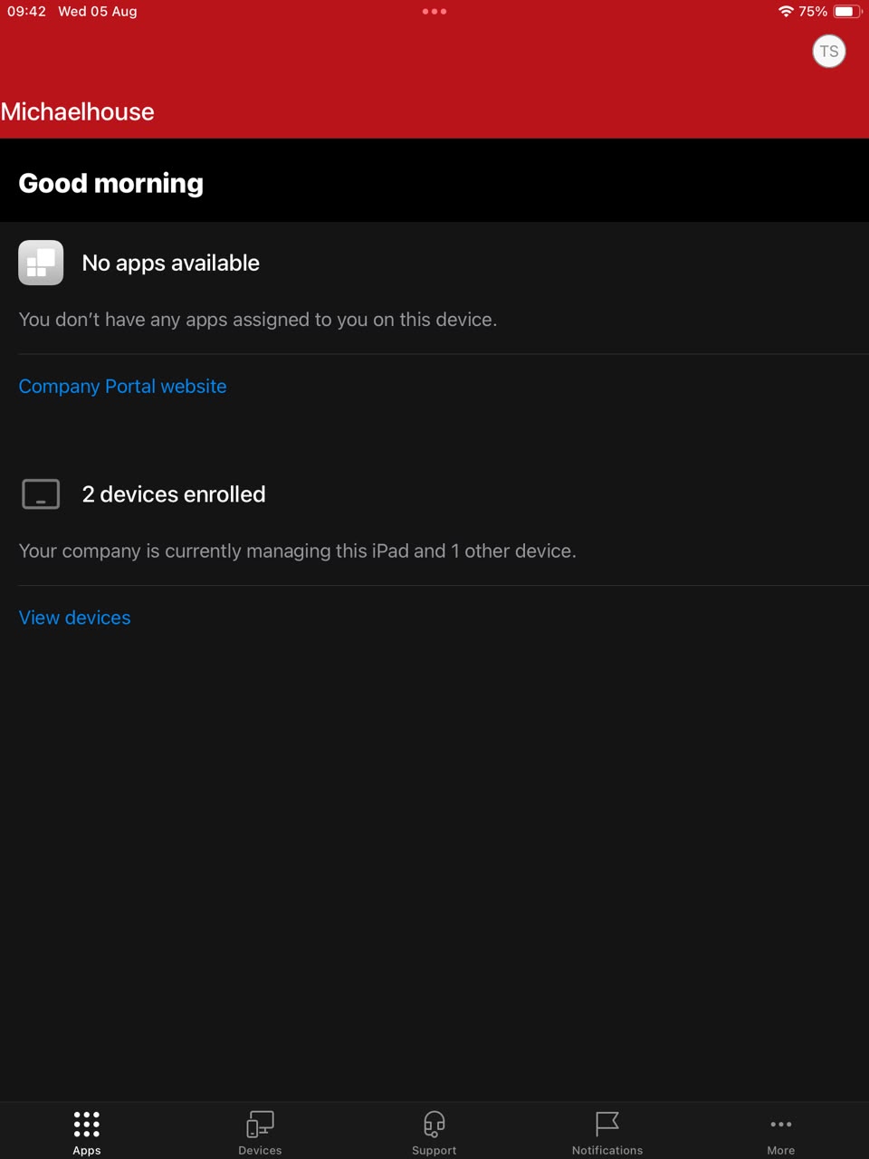 Company Portal home once the device is managed