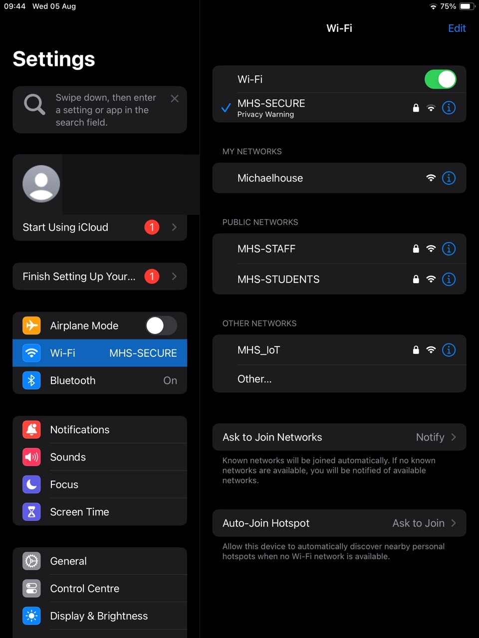 Settings → Wi-Fi with MHS-SECURE connected