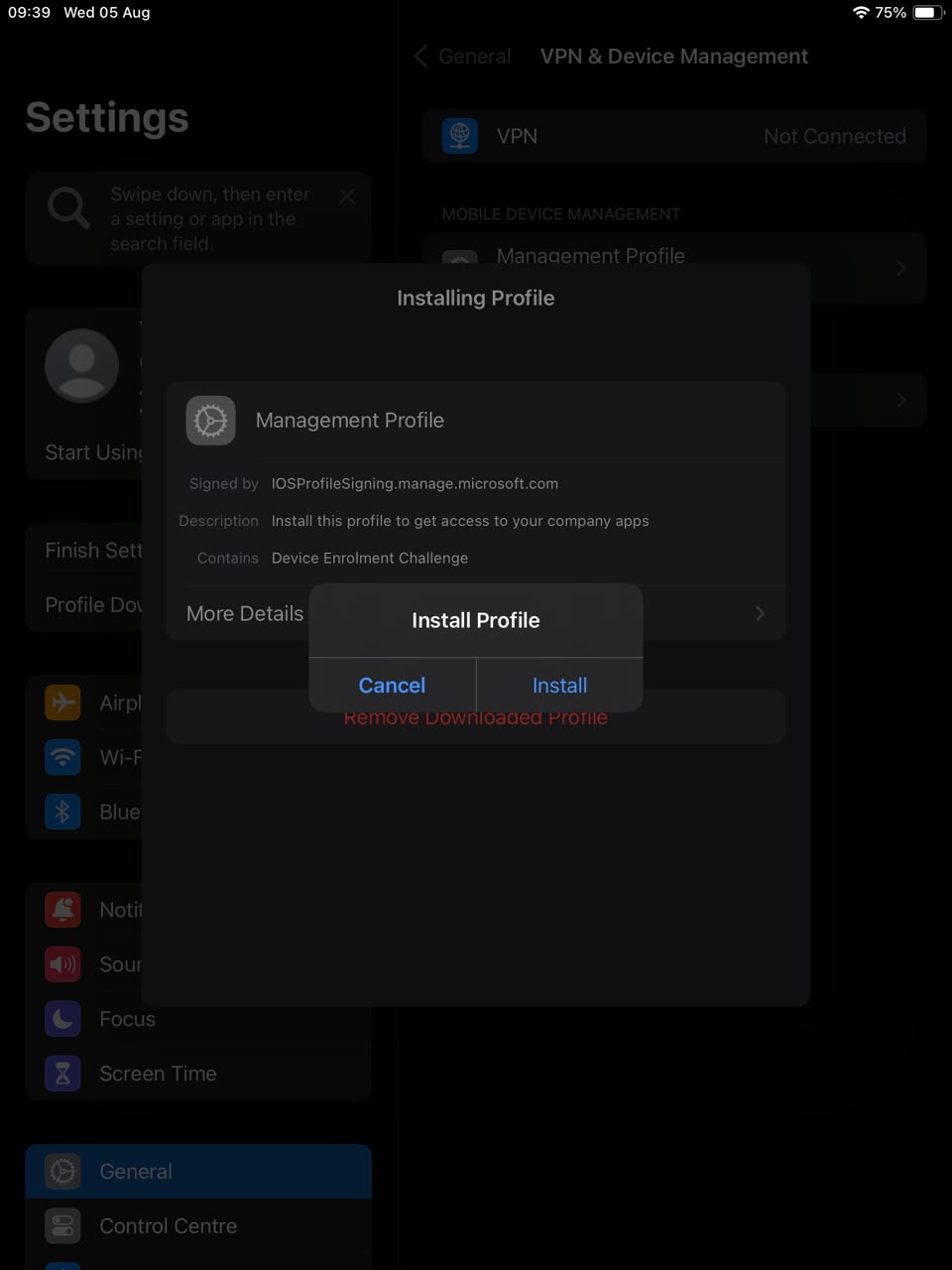 Second profile install — tap Install
