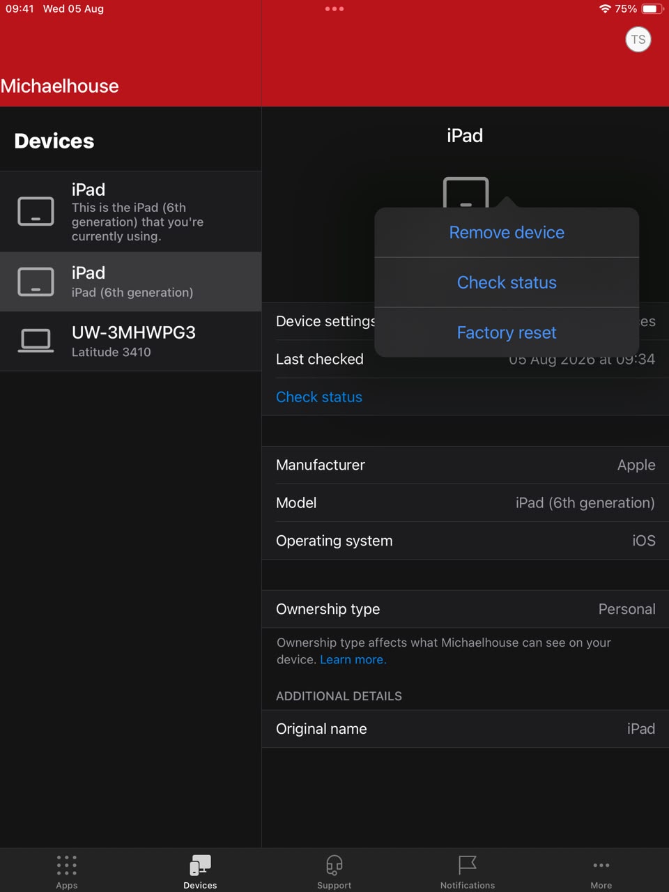 Devices — the duplicate iPad, ⋯ menu, Remove device