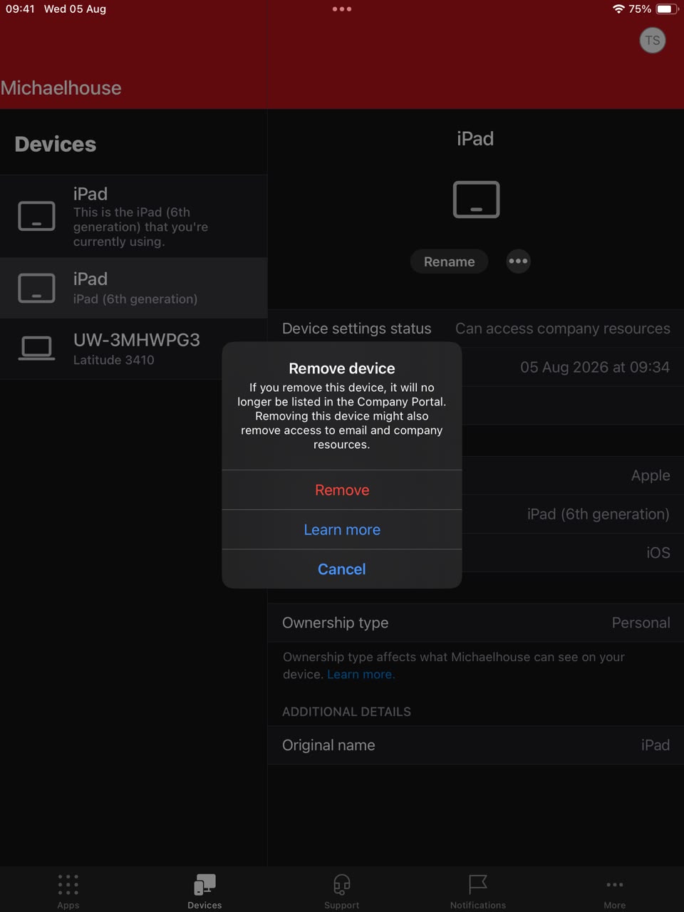 Remove device confirmation — tap Remove