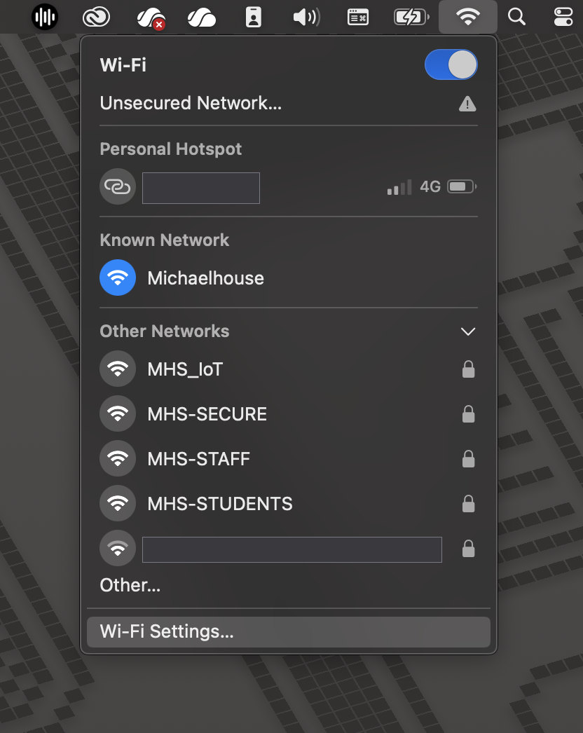 Wi-Fi menu with Michaelhouse listed as a known network