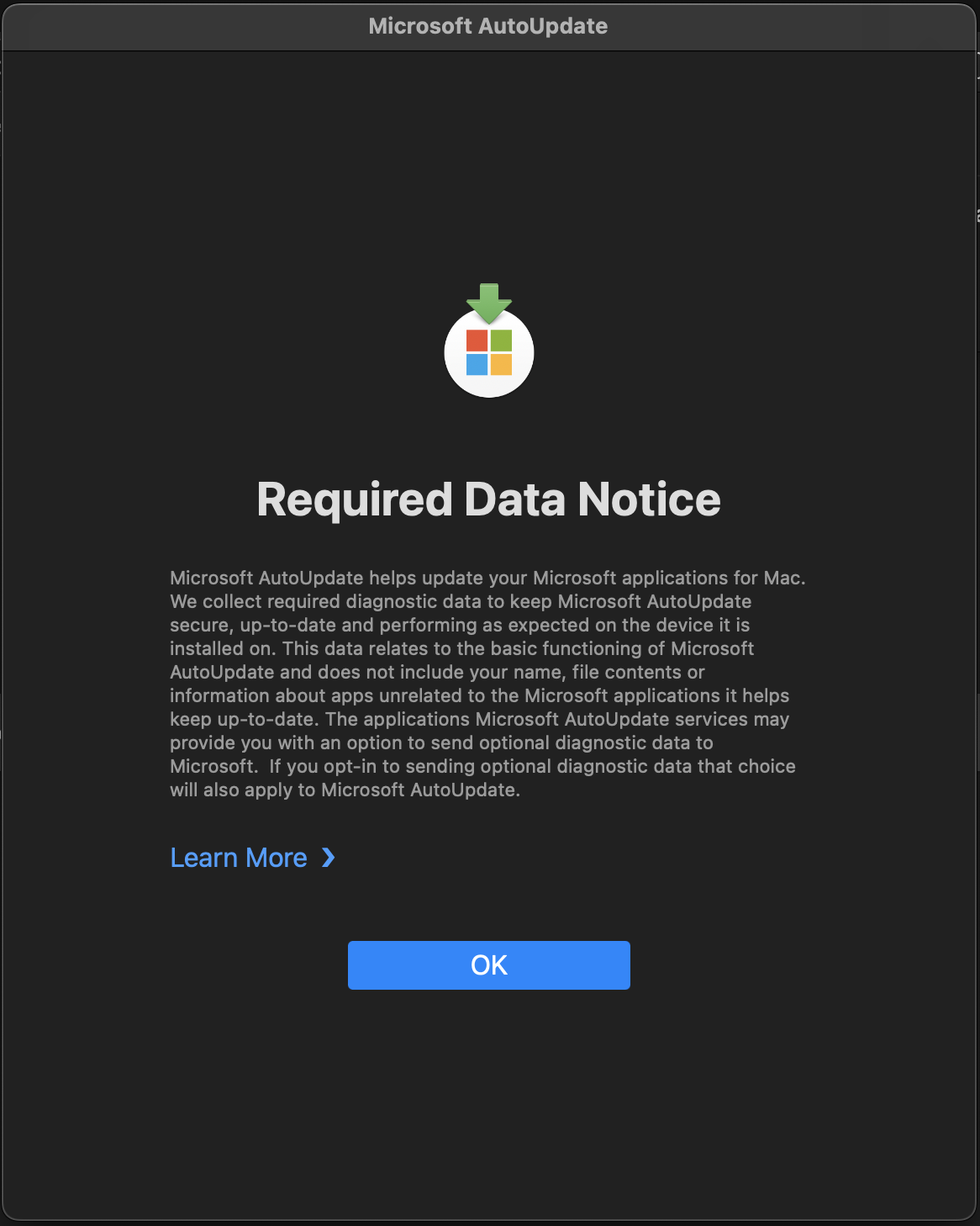 Microsoft AutoUpdate Required Data Notice window