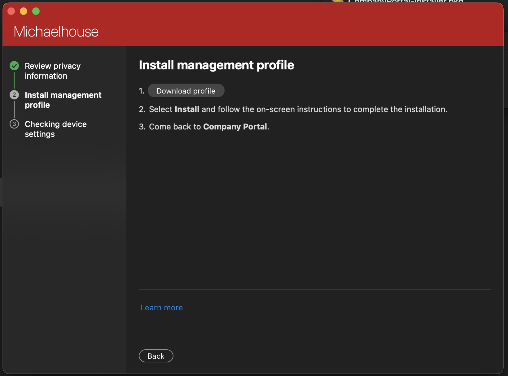Company Portal step: Install management profile