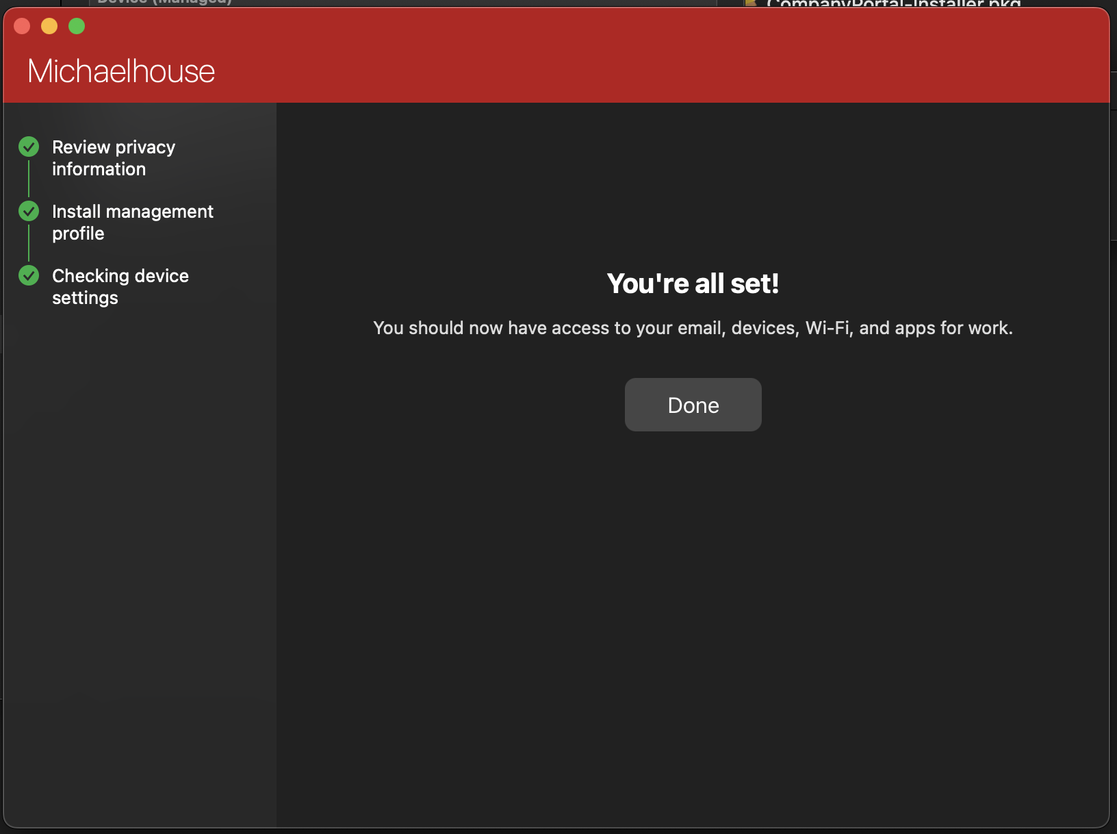 Company Portal showing: You're all set!