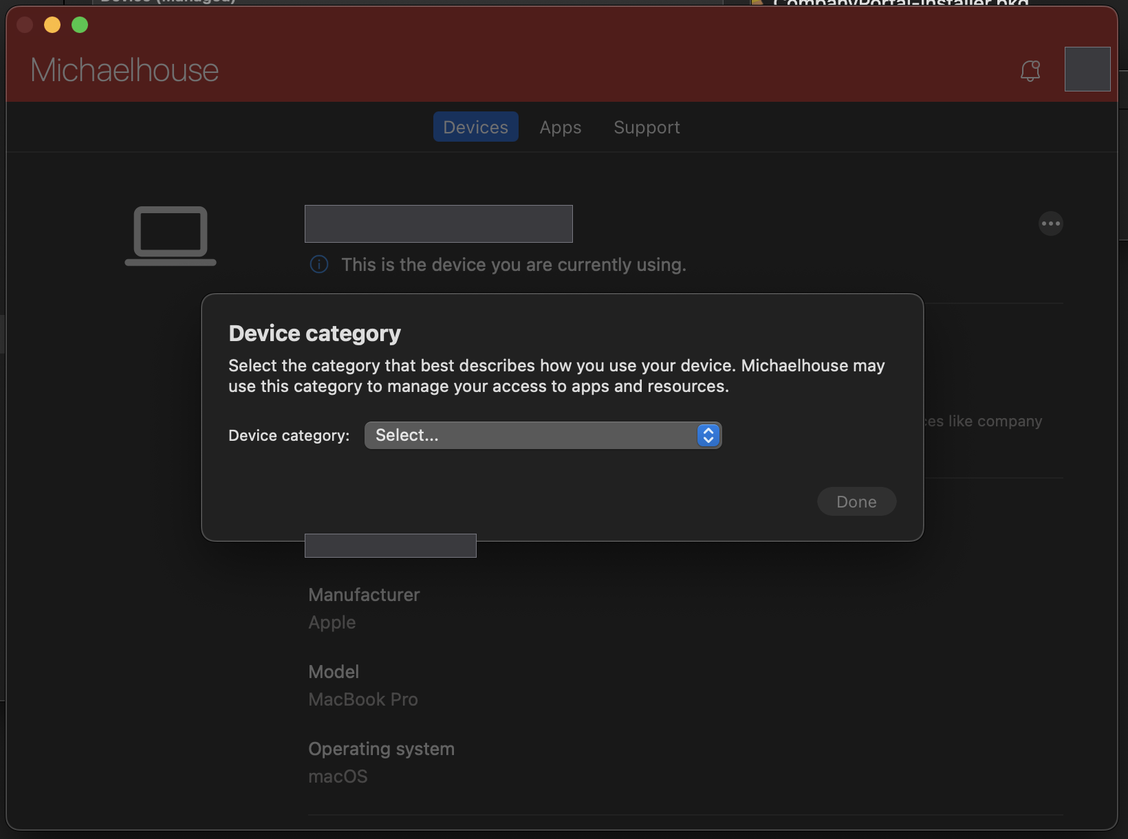 Company Portal asking you to choose a device category