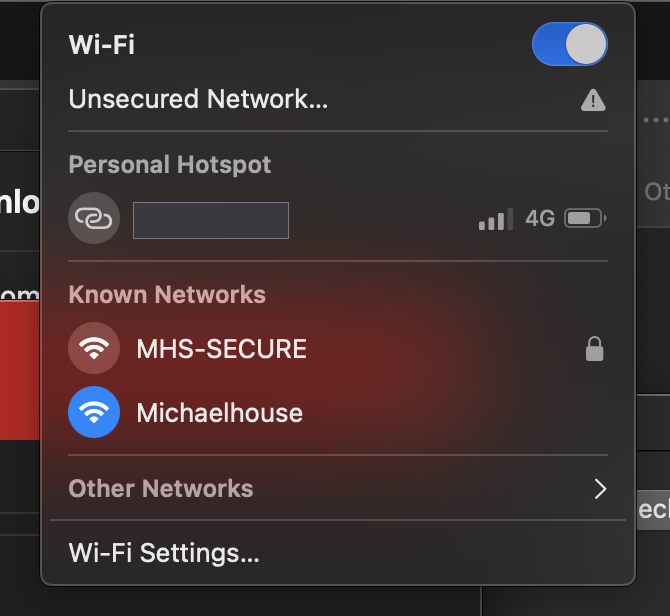Wi-Fi menu showing MHS-SECURE under Known Networks