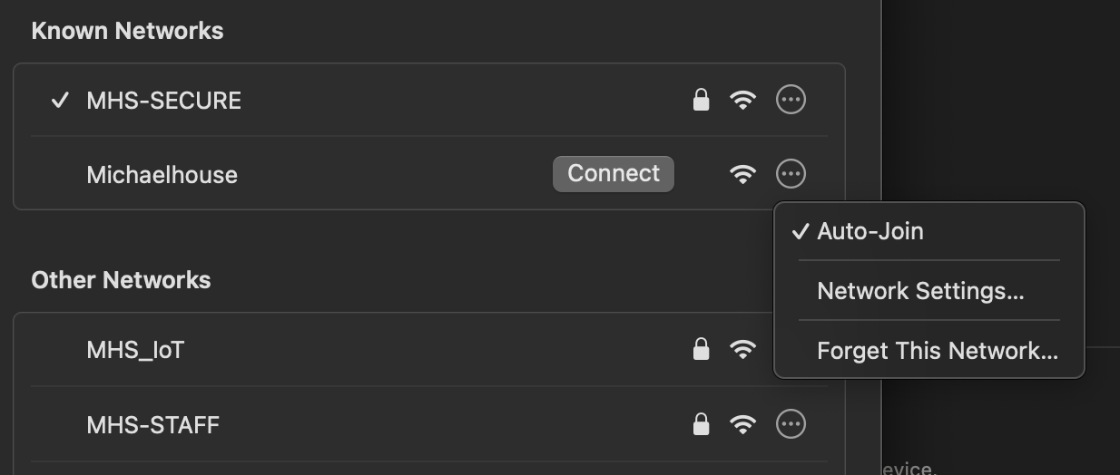 Wi-Fi settings with the menu open to forget Michaelhouse